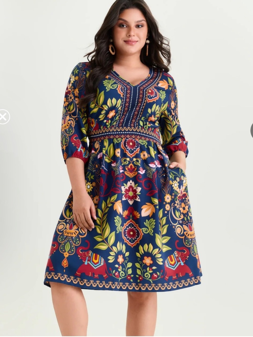 NWT BLOOM CHIC Boho Print V-Neck Pockets Mini Dres SZ US 12 in Dark Blue